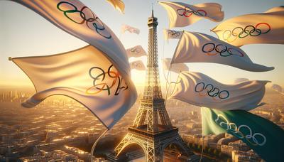 Tour Eiffel avec des bannières olympiques de Paris 2024 flottant