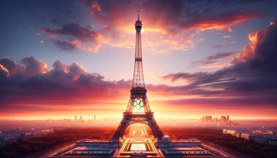 Tour Eiffel sans les anneaux olympiques au coucher du soleil.