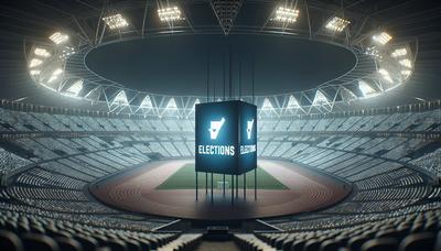 Cartel de elecciones chocando con el fondo del estadio olímpico.