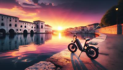 Bicicletta elettrica vicino all'acqua al tramonto ai Murazzi.