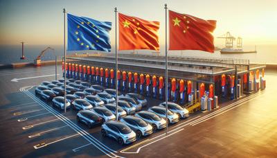 Elektrische auto's in de haven met EU- en China-vlaggen