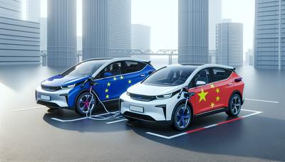 Elektrische auto's met EU- en China-vlaggen op de achtergrond