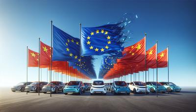 Véhicules électriques alignés avec des drapeaux européens et chinois.