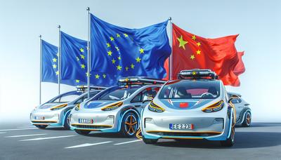 Elektrofahrzeuge mit EU- und China-Flaggen.