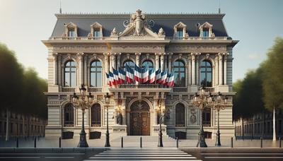 Élégant bâtiment gouvernemental français avec des drapeaux français.