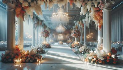 Elegante location per matrimoni decorata con fiori bianchi e arancioni.