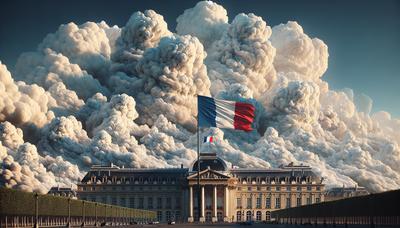 Palais de l'Élysée avec drapeau français et ciel nuageux.