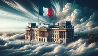 Palais de l'Élysée avec drapeau français et nuages tourbillonnants.