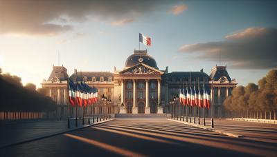 Palais de l'Élysée avec des drapeaux français sous la lumière du soir