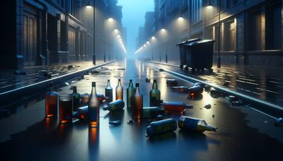 Bottiglie vuote di alcol sparpagliate su una strada debolmente illuminata.