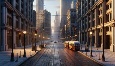 Lege stadsstraten met stilstaande bussen en trams.