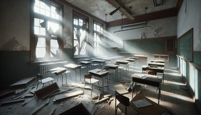 Aula vacía con escritorios rotos y ventanas destrozadas.