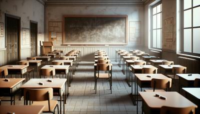 Salle de classe vide avec des bureaux et un tableau noir.