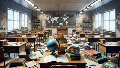 Salle de classe vide avec des matériels pédagogiques et des livres éparpillés.