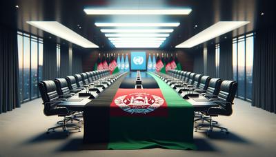 Table de conférence vide avec drapeau afghan et drapeau de l'ONU.