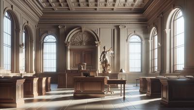 Salle d'audience vide avec statue de la balance de la justice.