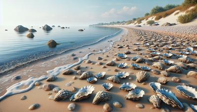 Rivage européen vide avec des coquilles d'huîtres éparpillées.