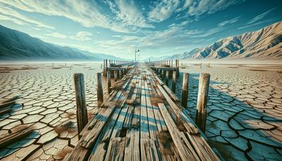 Muelle de ferry vacío con paisaje seco y agrietado de fondo.