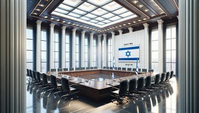 Salle de réunion gouvernementale vide avec un drapeau israélien.