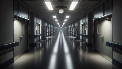 Couloir d'hôpital vide avec des lumières vacillantes et des ombres.