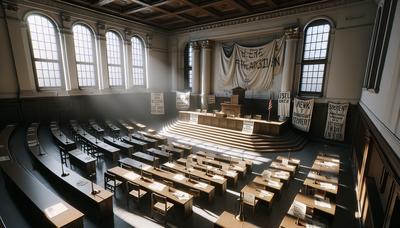 Lege collegezalen met protestborden en spandoeken.