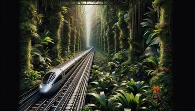 Lege Maya-trein op sporen die door de jungle gaan.