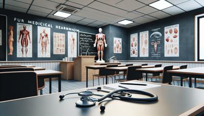 Salle de classe médicale vide avec stéthoscope sur le bureau.