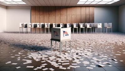 Estación de votación vacía con papeletas dispersas.