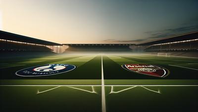 Terrain de football vide avec les logos du PSG et d'Arsenal.