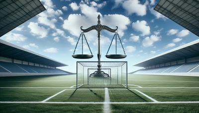 "Terrain de football vide avec une balance de la justice en surimpression"