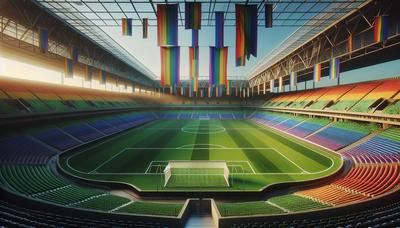 Stade de soccer vide avec des drapeaux arc-en-ciel affichés.