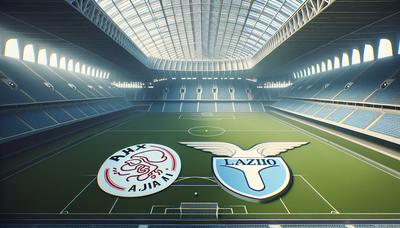 Leeg stadion met de logo's van Ajax en Lazio weergegeven.