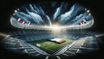 Stade vide avec des drapeaux français et des nuages sombres