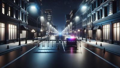 Strada vuota di notte con una barricata della polizia.