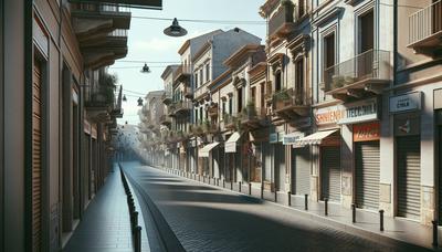 Strada vuota a Nuoro con vetrine chiuse.