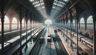 Stazione ferroviaria vuota con autobus fermi sullo sfondo.