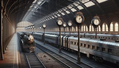 Stazione ferroviaria vuota con treni fermi e orologi.