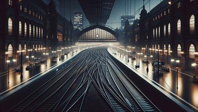 Leere Bahngleise am Hamburger Hauptbahnhof nachts.