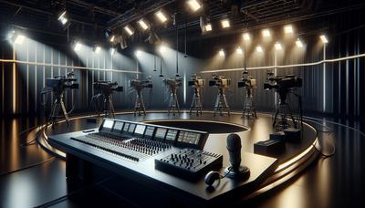 Lege tv-studio met gedimde verlichting en microfoons.