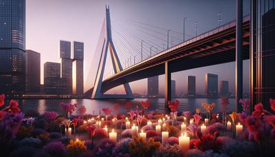 Erasmusbrug bij schemering met bloemen en kaarsen.