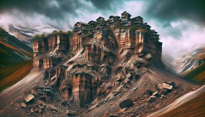 Ladera erosionada con edificios y cielos nublados.