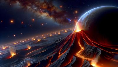 Volcán en erupción en Io contra un fondo estrellado del espacio.