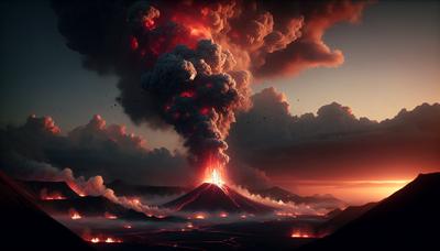 Vulcano in eruzione con fumo e cenere nel cielo.