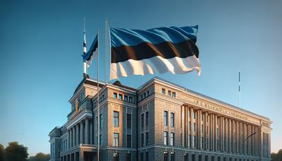 Edifício governamental estoniano com a bandeira nacional tremulando