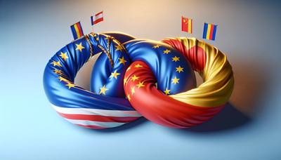 EU- und Asien-Flaggen ineinander verschlungen, die diplomatische Gespräche symbolisieren.