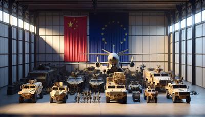 EU-China-Forschungszusammenarbeit mit Militärausrüstung und EU-Flagge.
