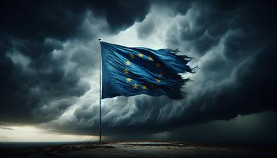 EU-Flagge mit einer gebrochenen Ecke und dunklen Wolken