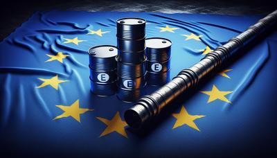 Bandera de la UE con barriles de petróleo cruzados y un oleoducto