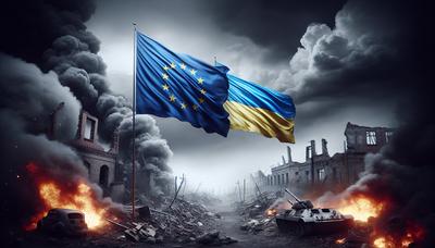 EU-Flagge mit ukrainischer Flagge vor dem Hintergrund des Konflikts.