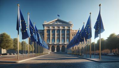 Drapeaux de l'UE devant un palais de justice.